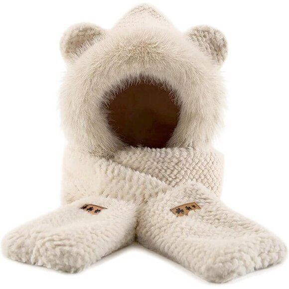 Women\'s Beige Hooded Scarf Cute Bear Ear Hat Faux Fur Gloves Set Soft main image 7